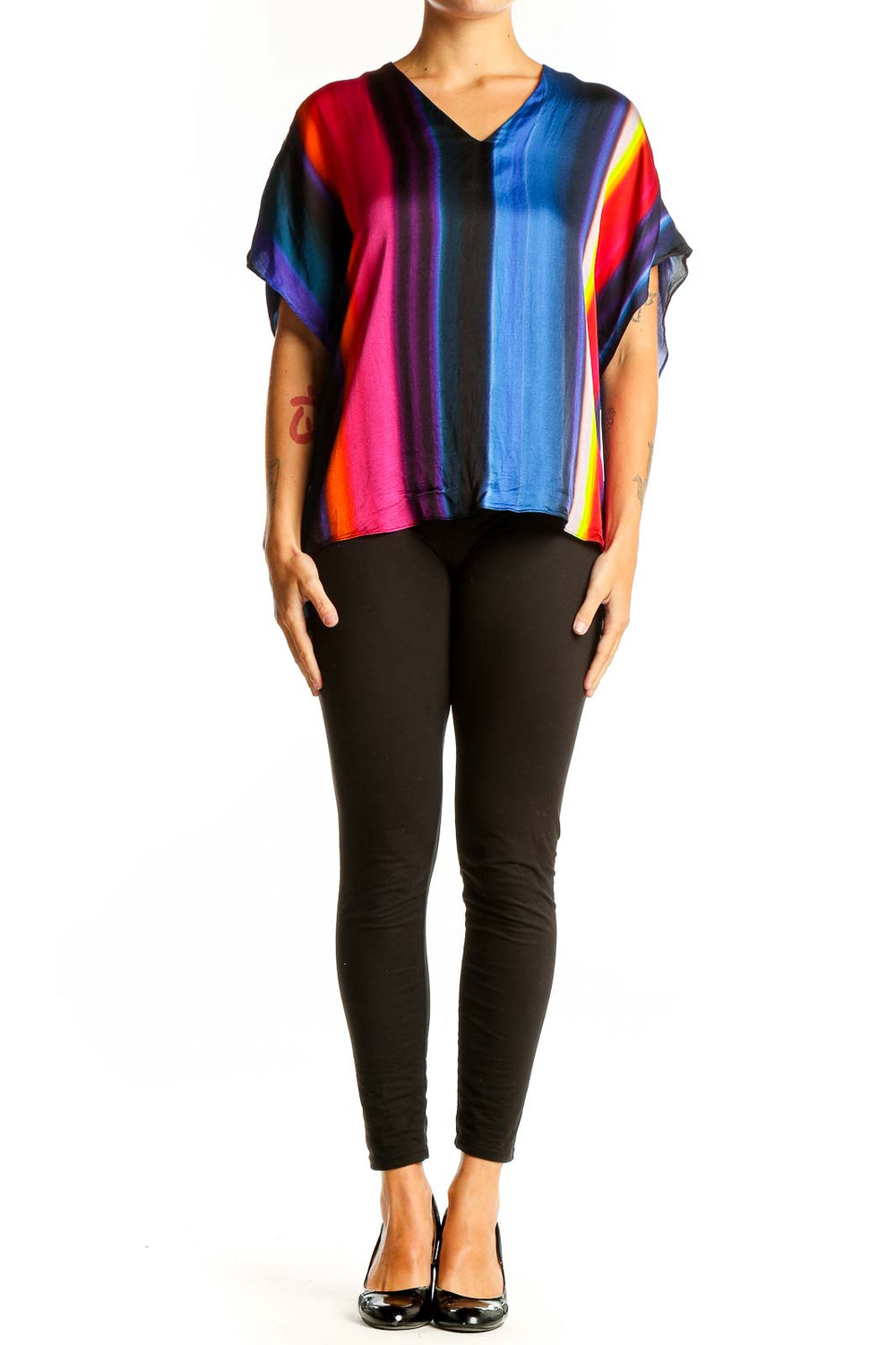 Front view of Paul Smith multicolor striped V-neck blouse with short sleeves