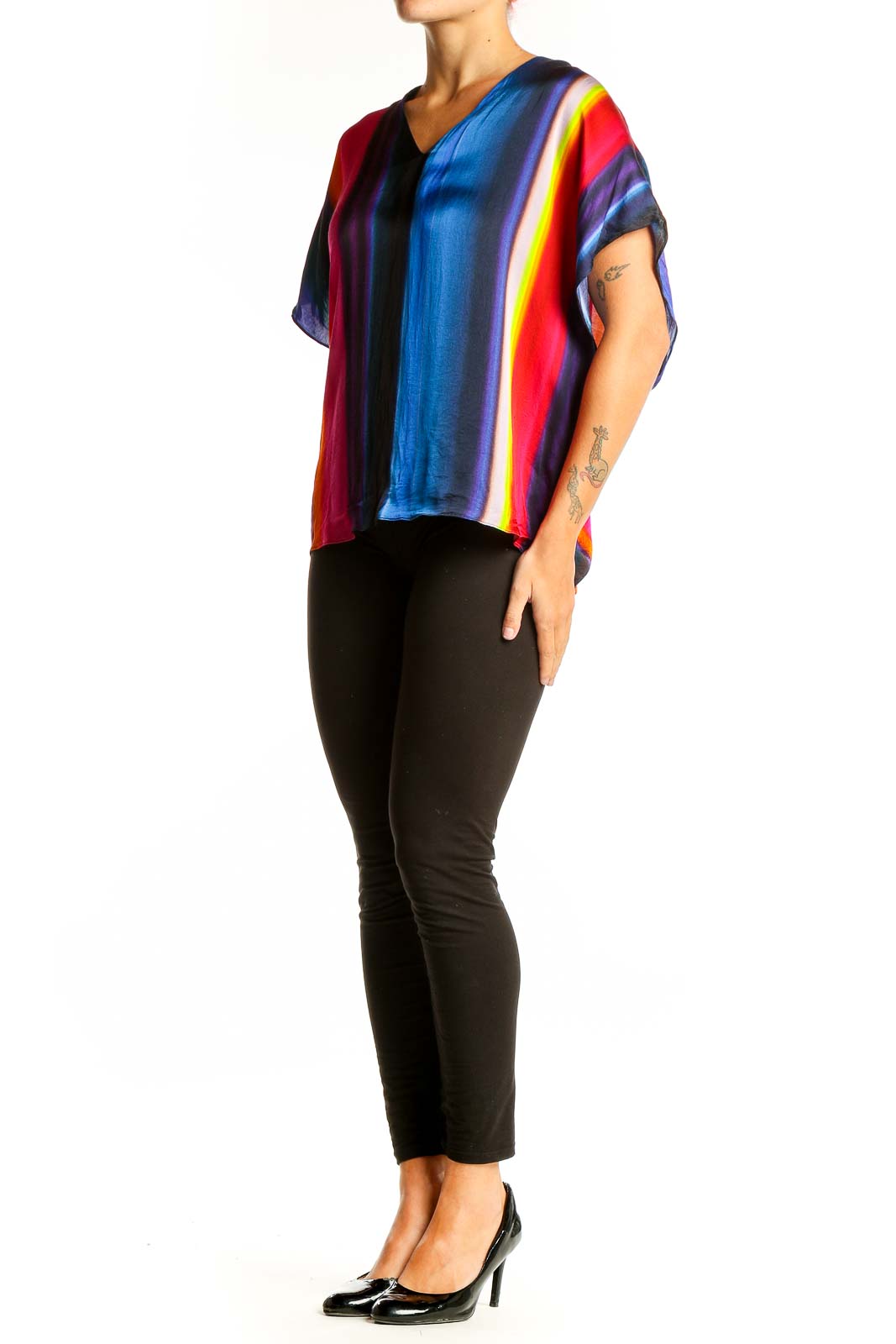 Front view of Paul Smith multicolor striped V-neck blouse with short sleeves