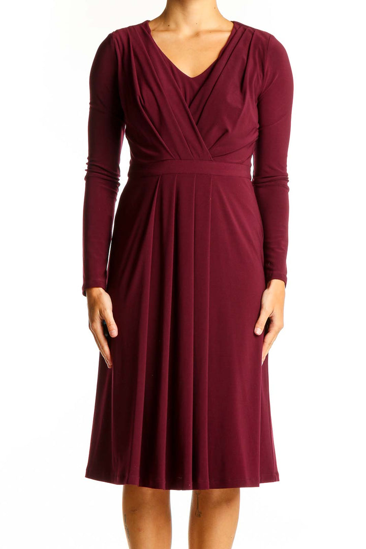 Front view of Hobbs London burgundy wrap-style midi dress with V-neckline