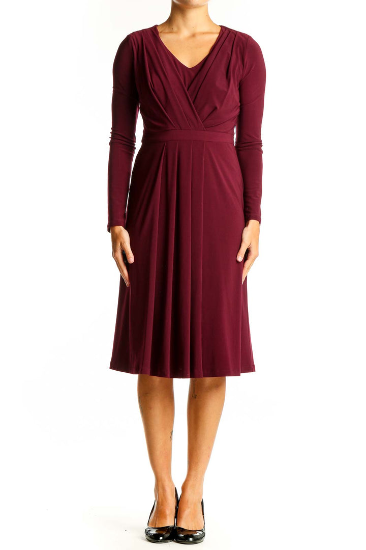 Front view of Hobbs London burgundy wrap-style midi dress with V-neckline