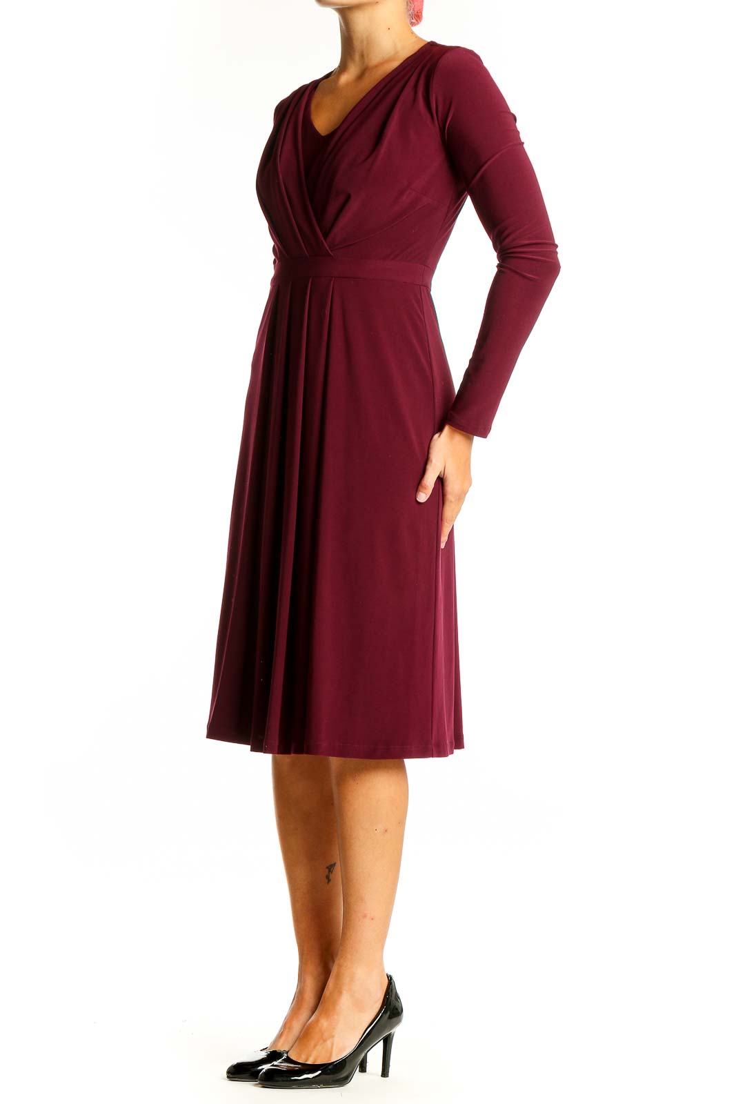 Front view of Hobbs London burgundy wrap-style midi dress with V-neckline