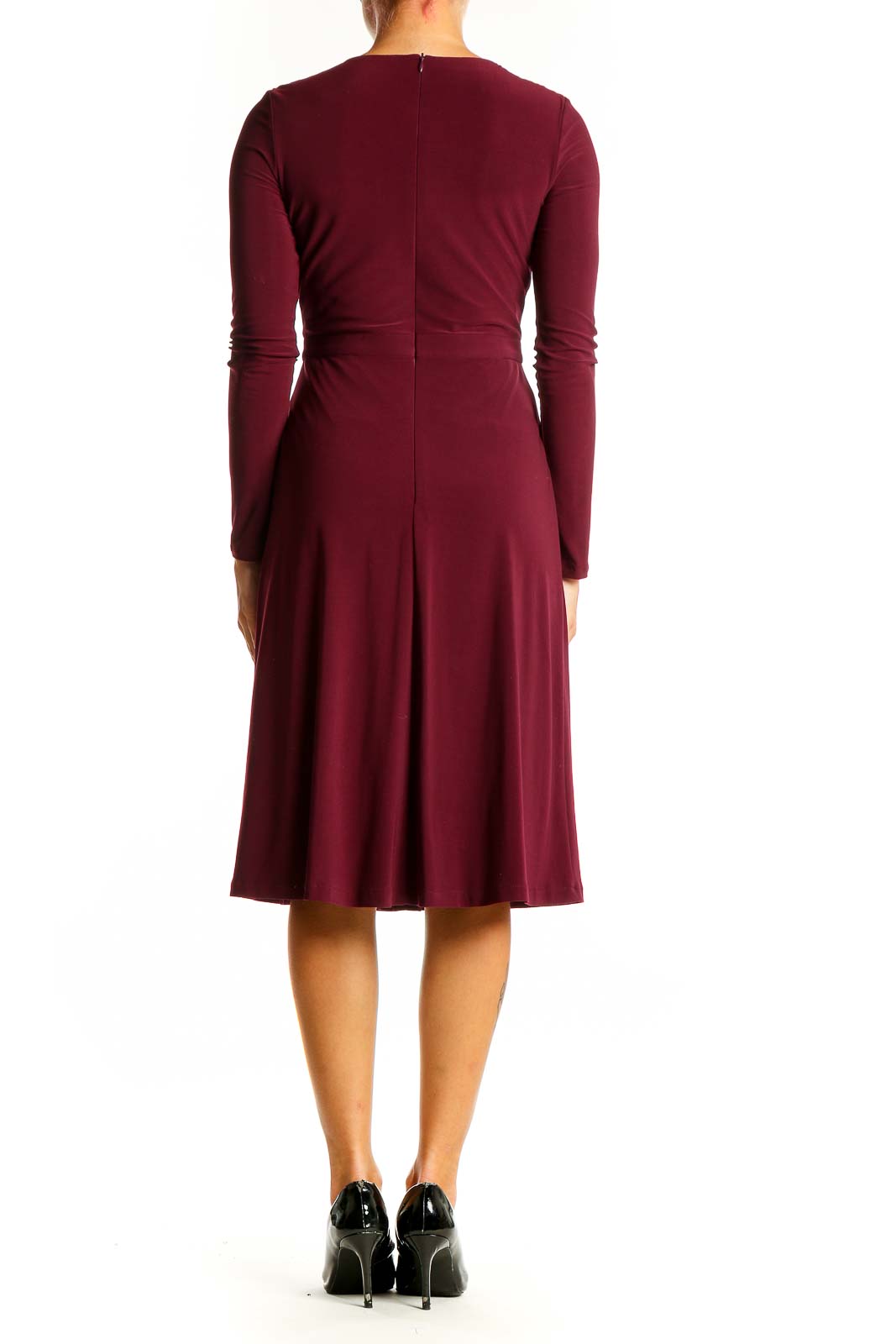 Side view of Hobbs London burgundy wrap-style midi dress showing pleated skirt