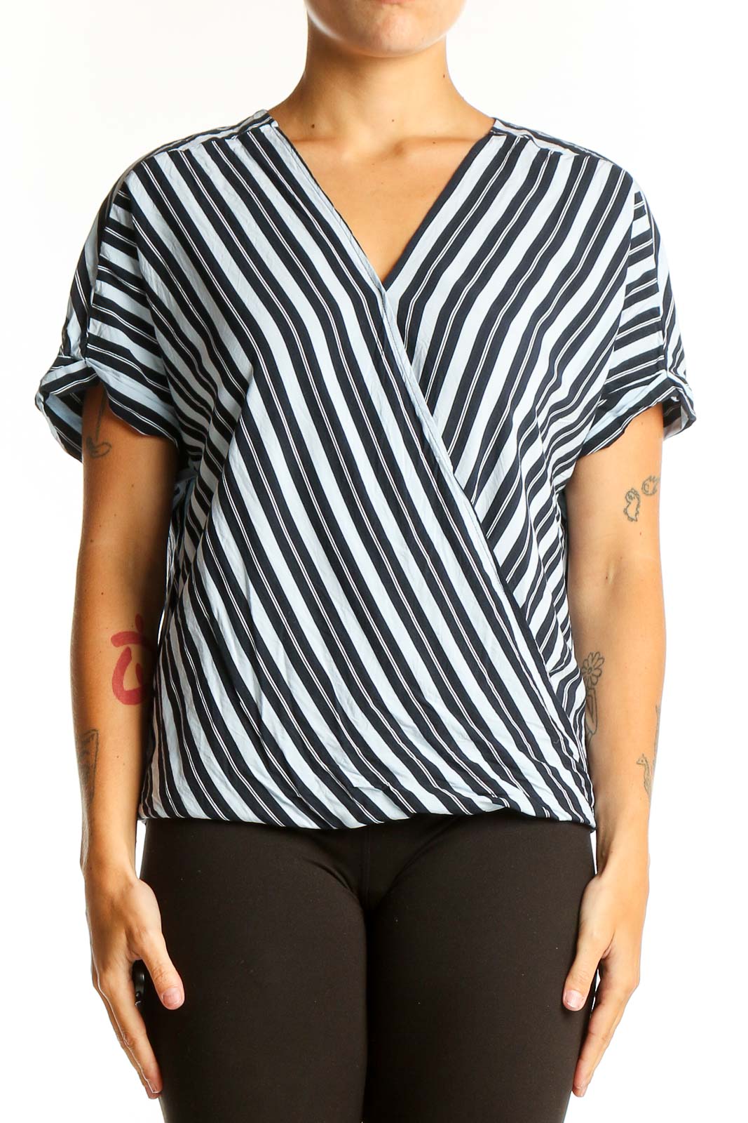 Front view of Ellen Tracy Black and White Striped Wrap Top with V-neckline