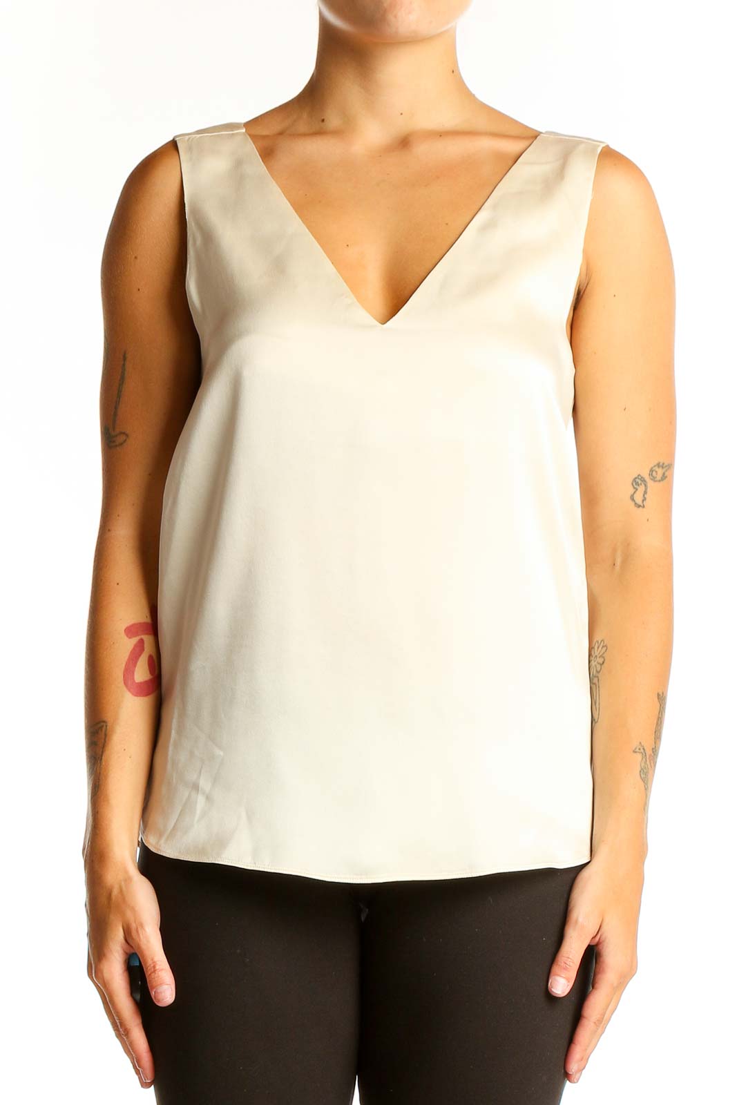 Front view of Autograph ivory silk sleeveless V-neck top