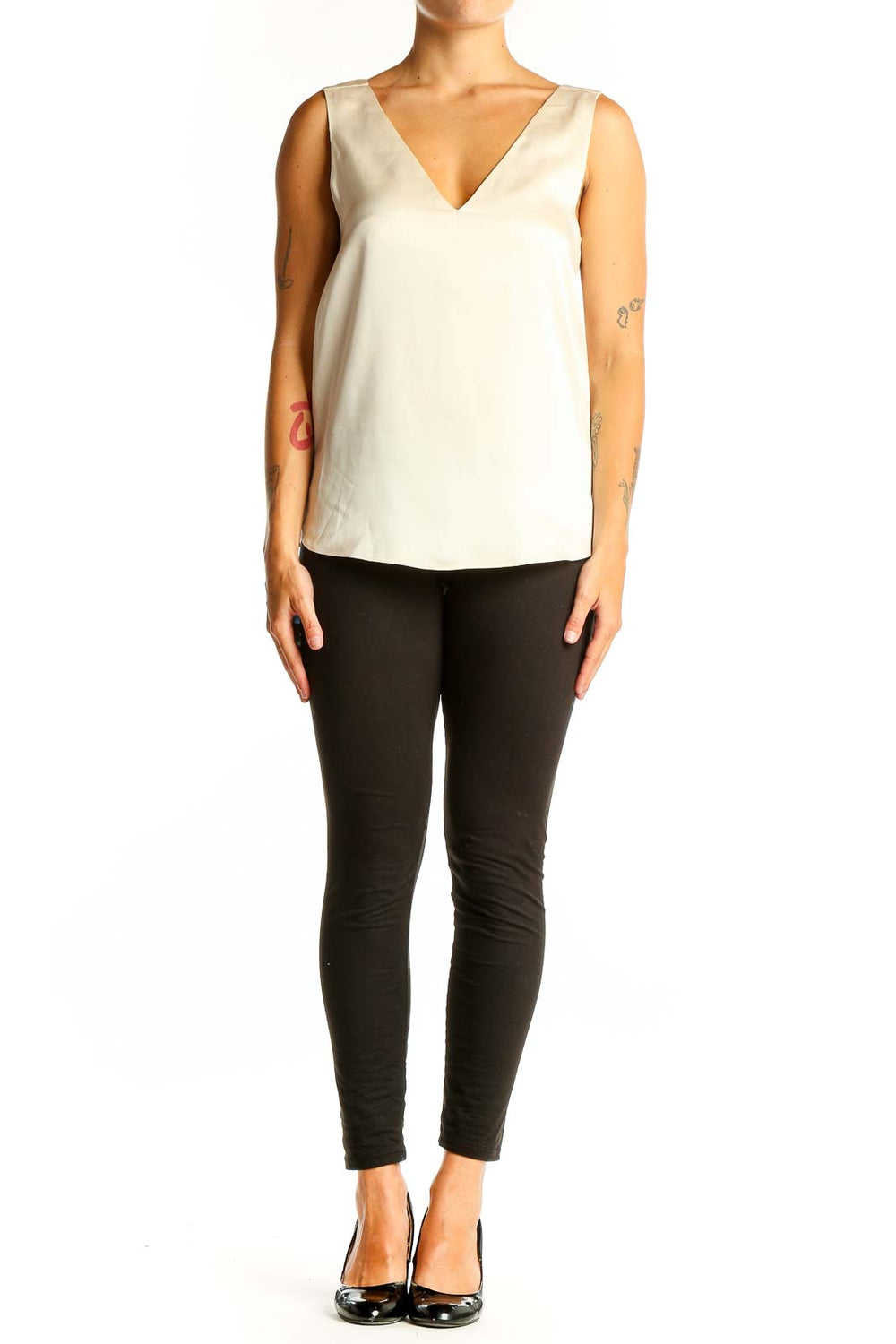 Front view of Autograph ivory silk sleeveless V-neck top