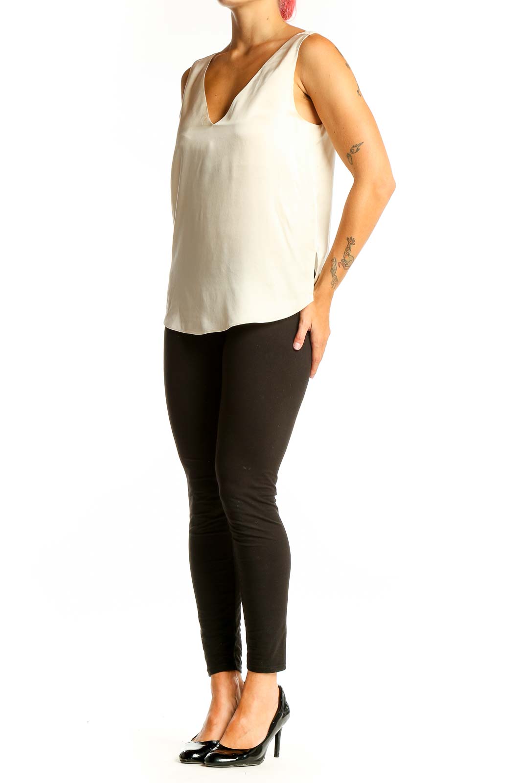 Front view of Autograph ivory silk sleeveless V-neck top