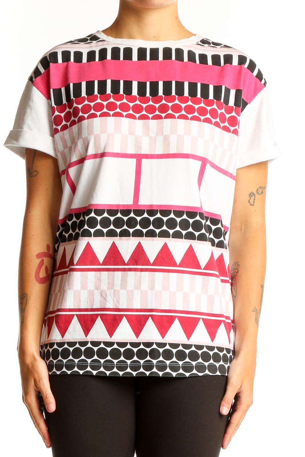 Front view of Etre cecile white t-shirt with pink and black geometric print