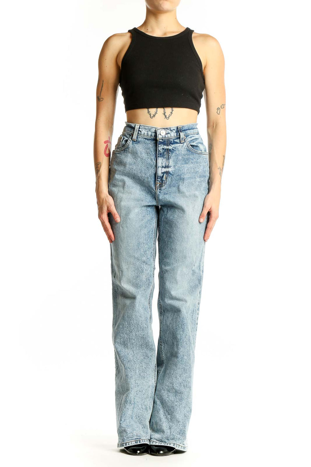 Front view of C/E Current/Elliott light blue acid wash high-waisted wide-leg jeans