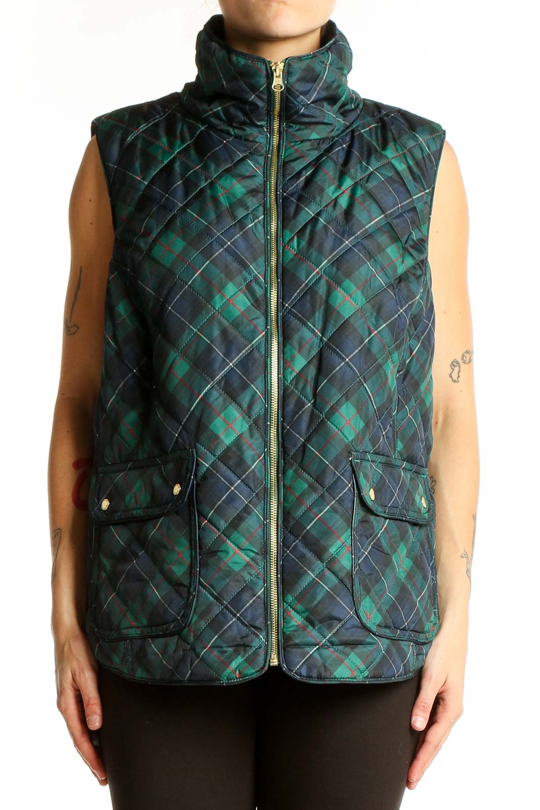 Front view of Crown & Ivy Green Plaid Quilted Vest with zipper closure