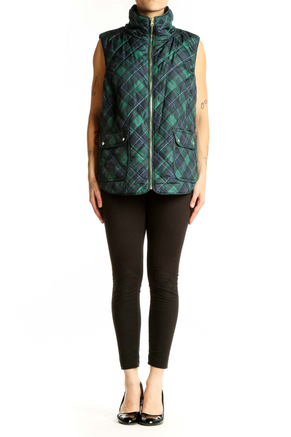 Front view of Crown & Ivy Green Plaid Quilted Vest with zipper closure