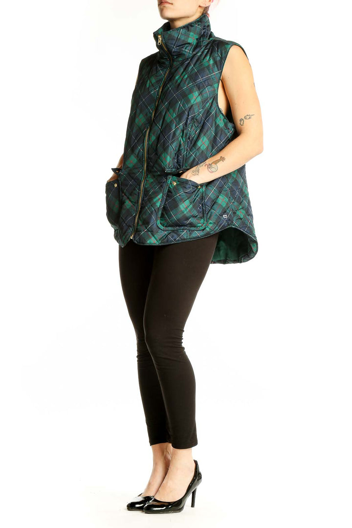 Front view of Crown & Ivy Green Plaid Quilted Vest with zipper closure