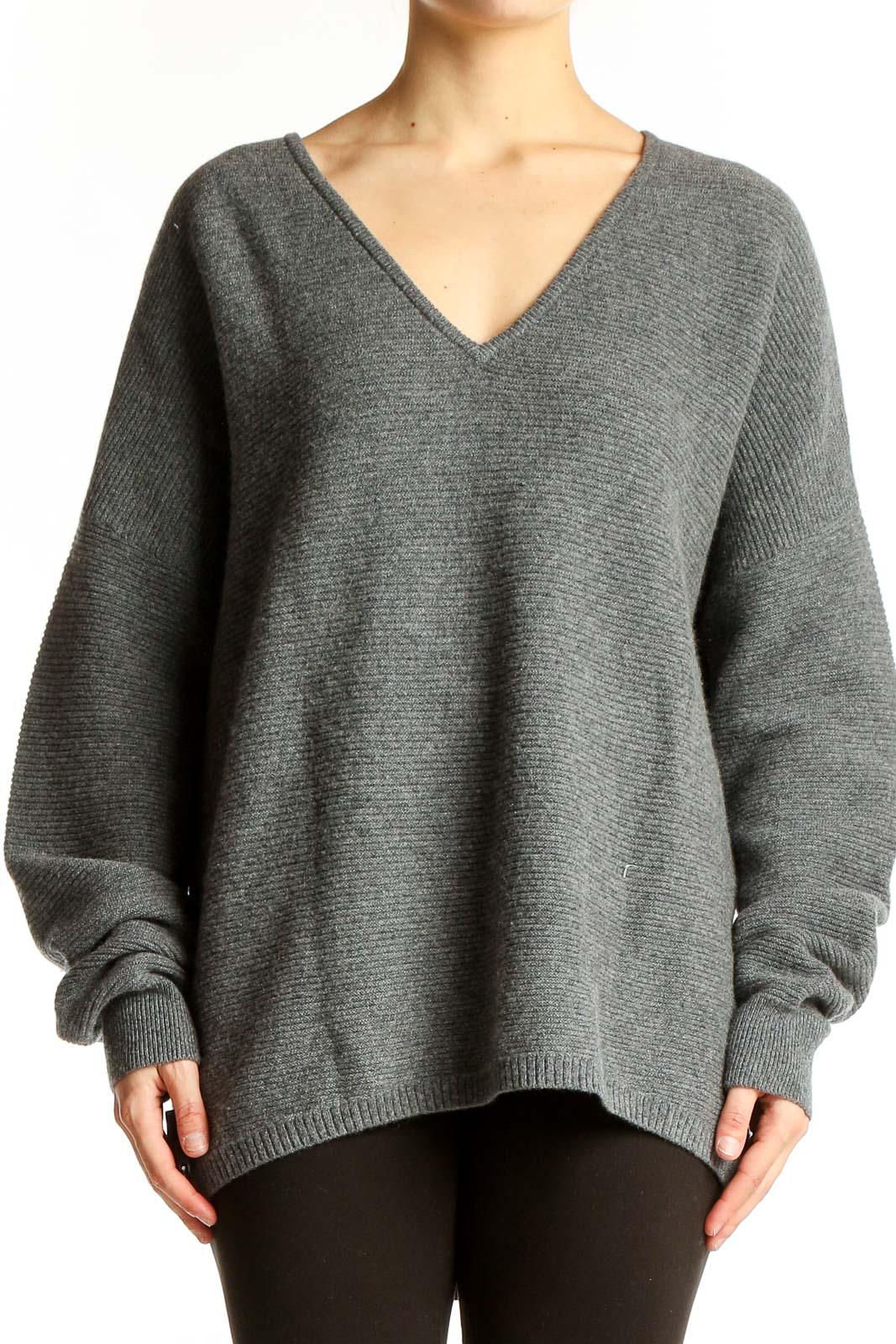 Front view of gray Nordstrom Signature cashmere V-neck oversized sweater