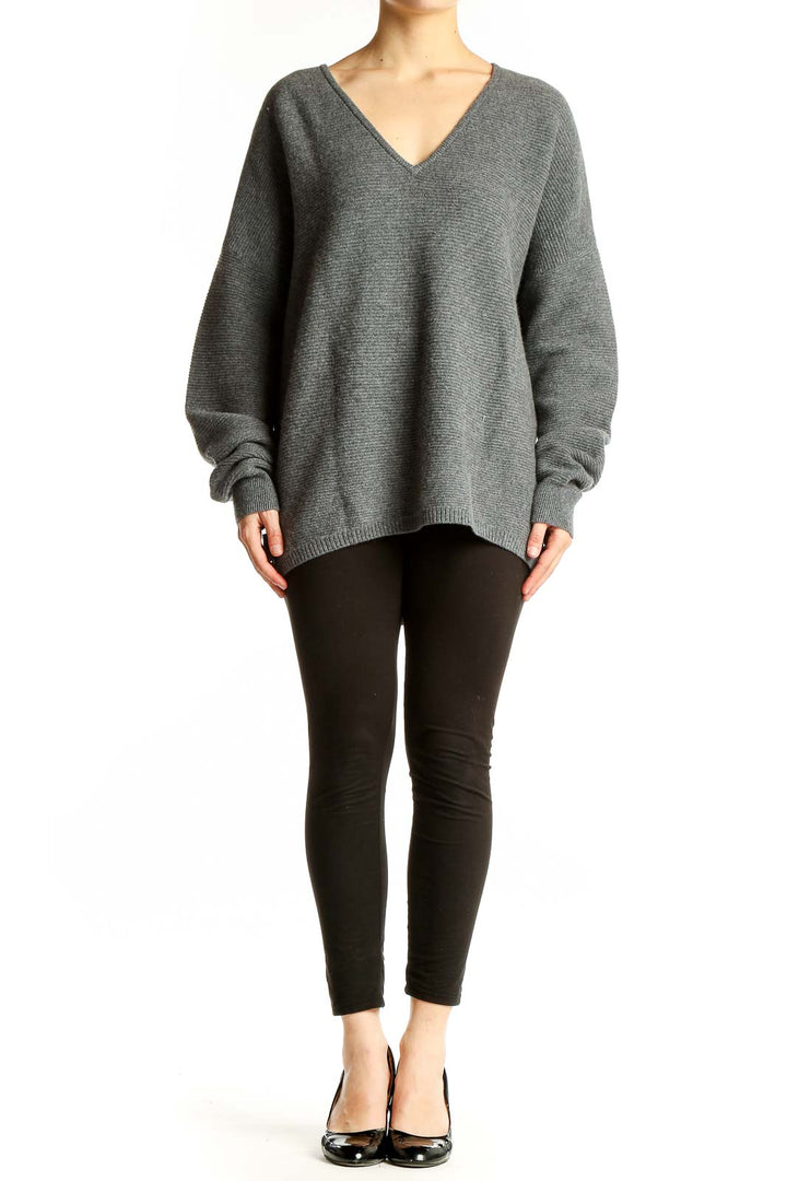 Front view of gray Nordstrom Signature cashmere V-neck oversized sweater