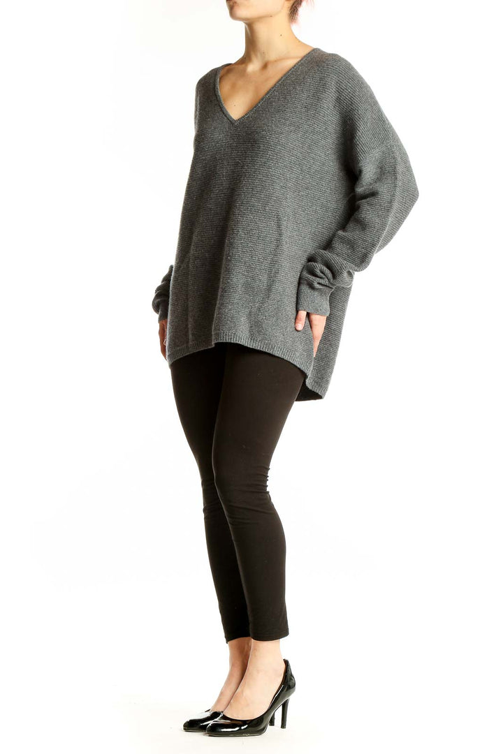 Front view of gray Nordstrom Signature cashmere V-neck oversized sweater