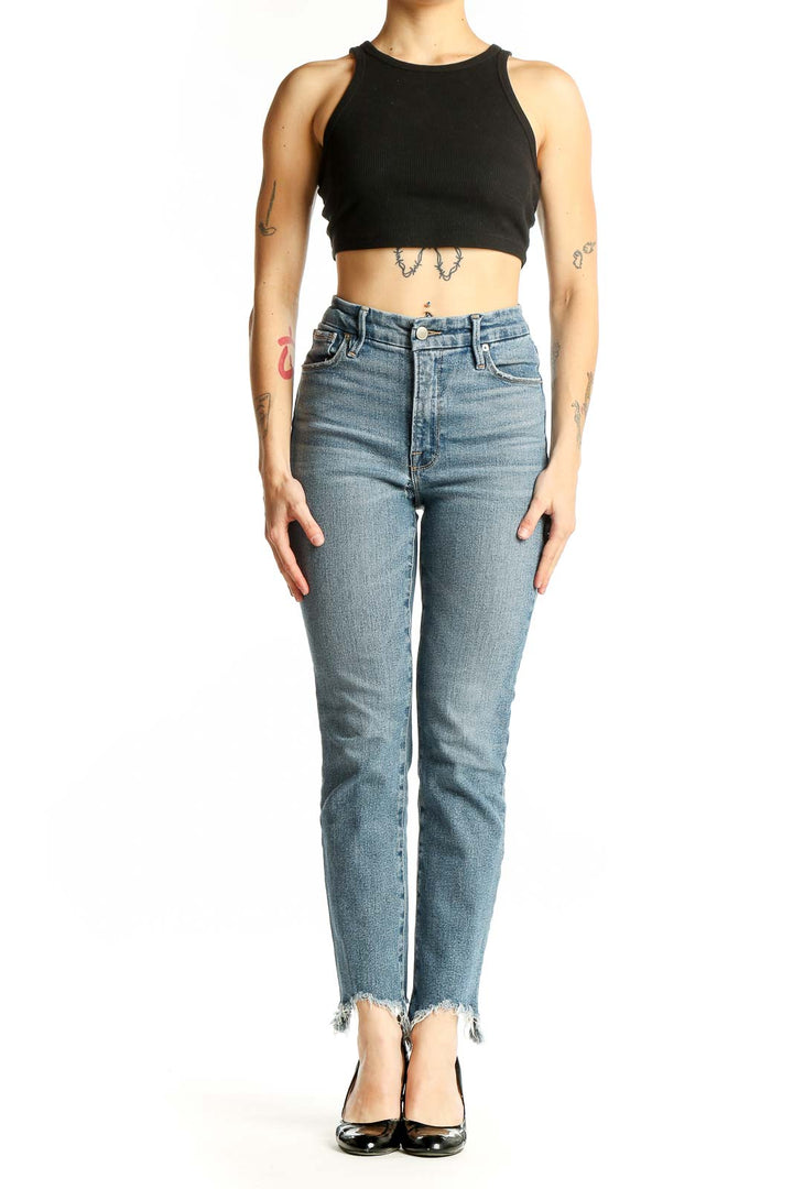 Front view of Good American light blue high-rise skinny jeans with distressed hem