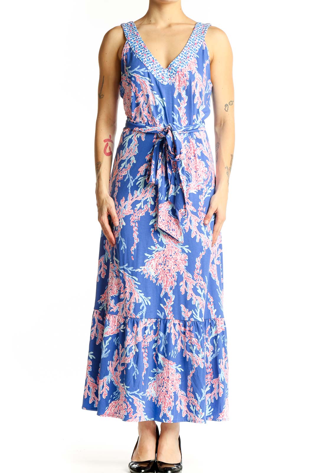 Front view of Lilly Pulitzer blue floral maxi dress with V-neck and tie waist
