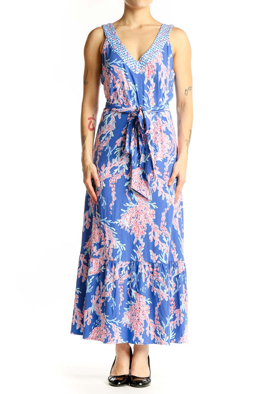 Front view of Lilly Pulitzer blue floral maxi dress with V-neck and tie waist