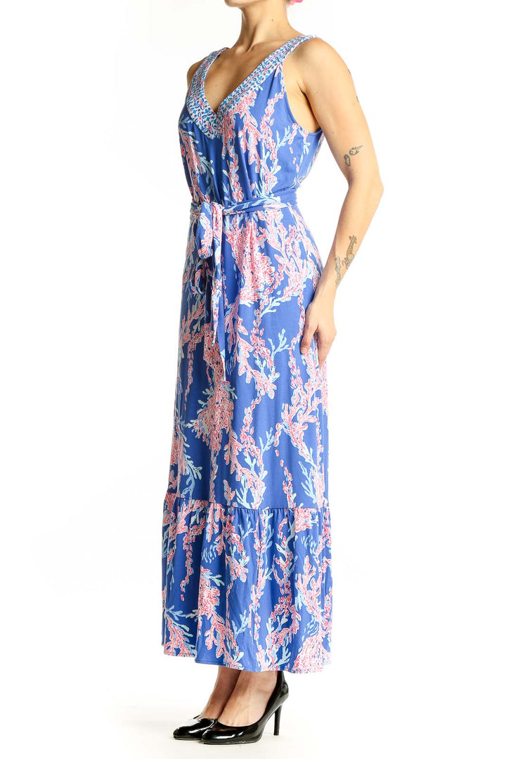 Front view of Lilly Pulitzer blue floral maxi dress with V-neck and tie waist