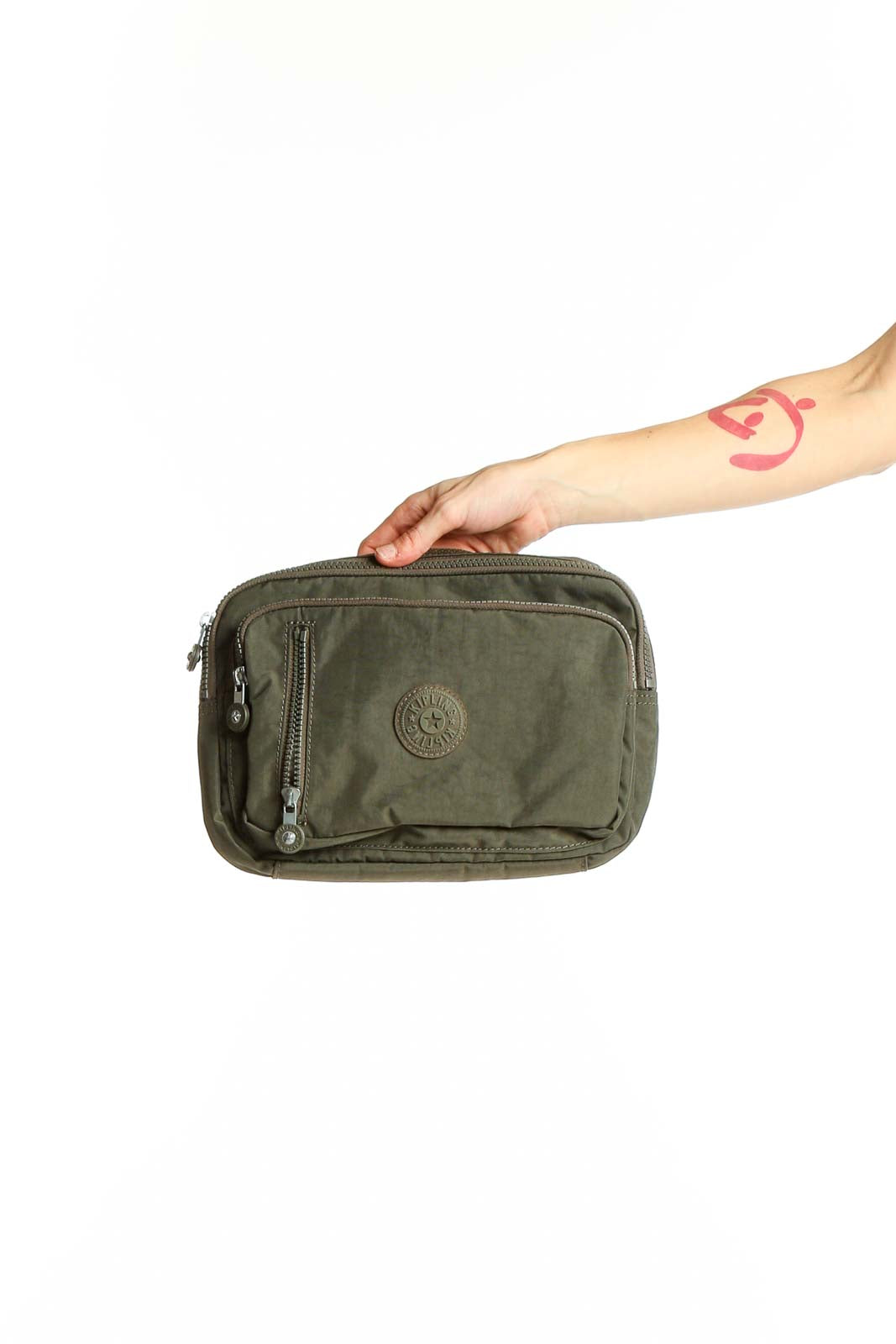 Front view of olive green Kipling crossbody bag with multiple zippered compartments