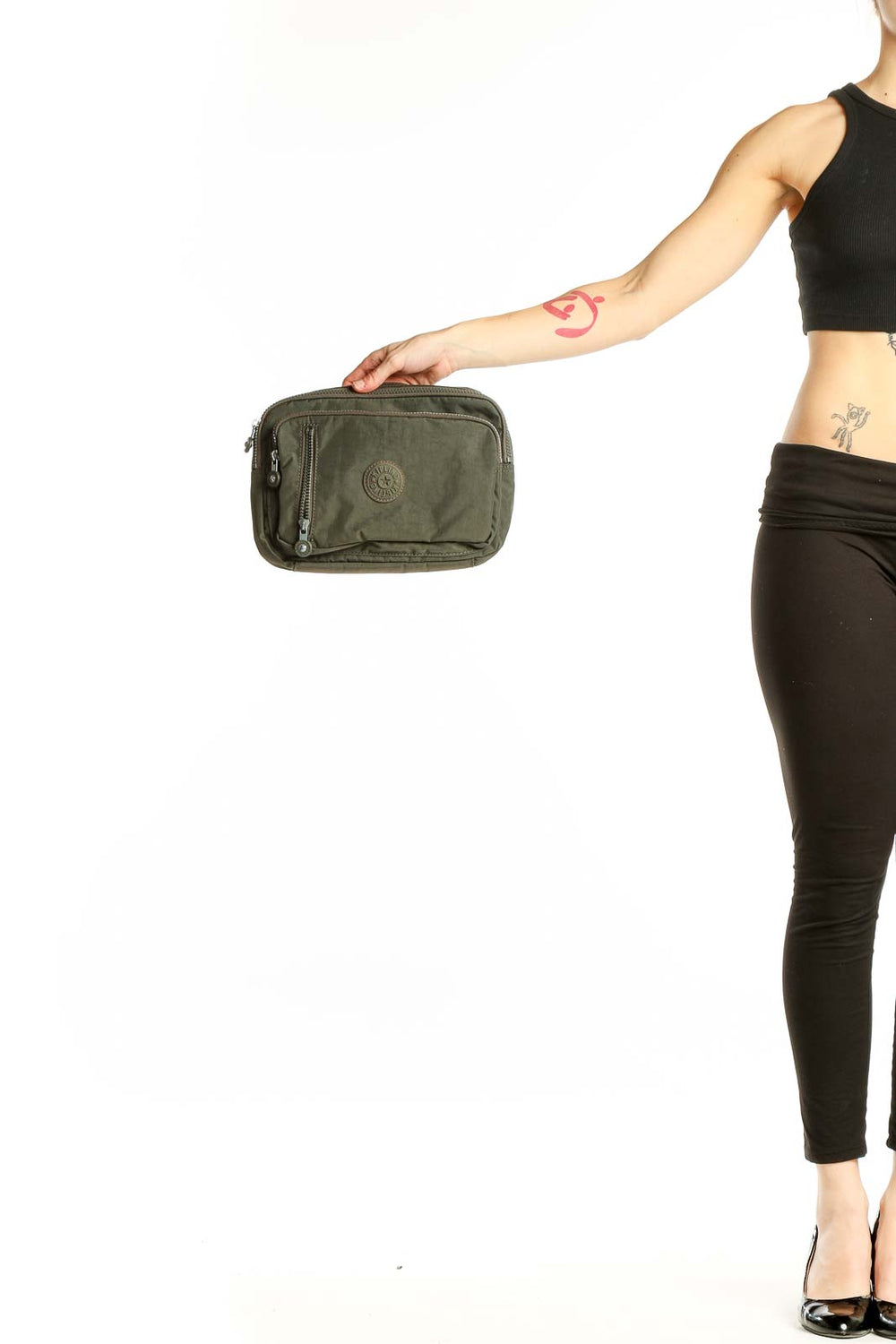 Front view of olive green Kipling crossbody bag with multiple zippered compartments