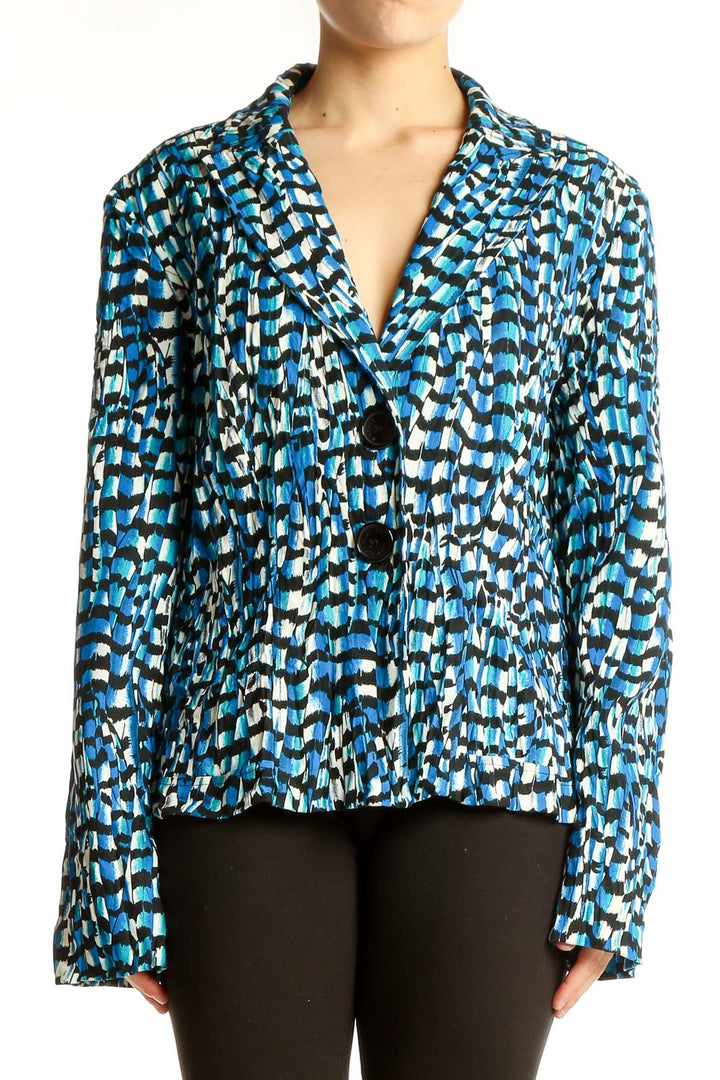 Front view of Alberto Makali blue abstract print polyester jacket