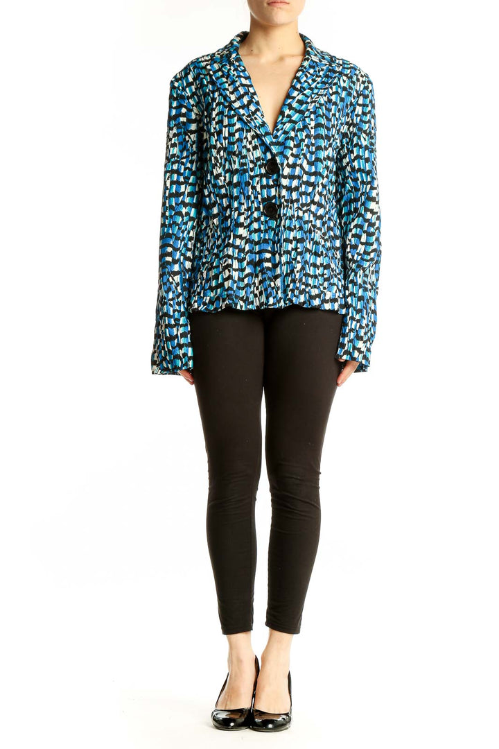 Front view of Alberto Makali blue abstract print polyester jacket