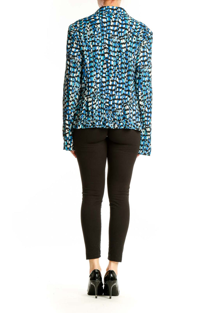 Side view of Alberto Makali blue abstract print polyester jacket on model