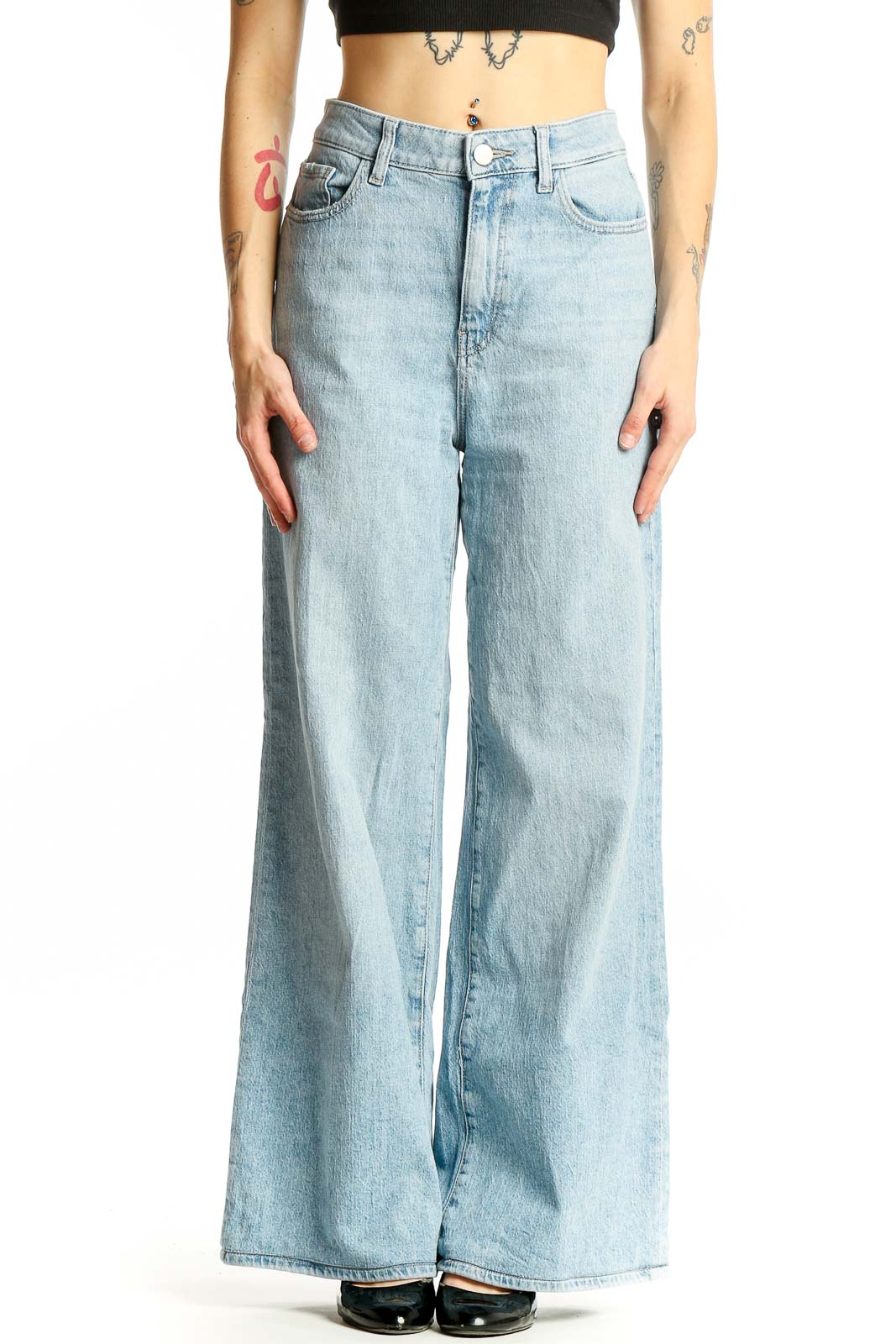 Front view of Warp Weft light blue wide-leg jeans on model