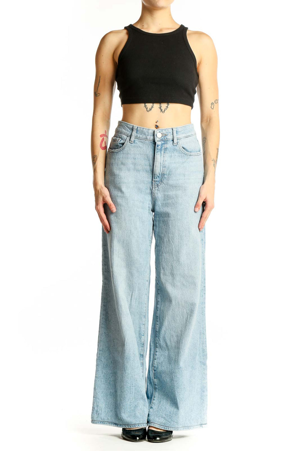 Front view of Warp Weft light blue wide-leg jeans on model