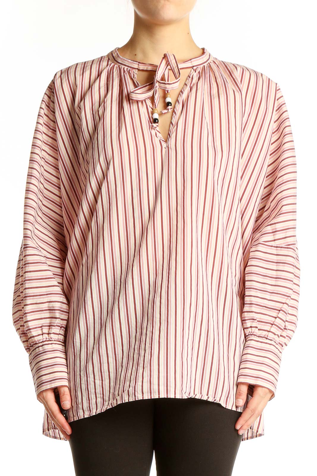 Front view of pink striped oversized blouse with tie-neck detail by BOSS by HUGO BOSS