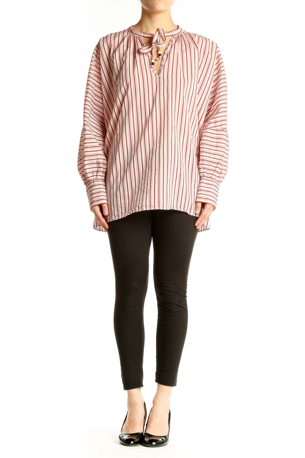 Front view of pink striped oversized blouse with tie-neck detail by BOSS by HUGO BOSS