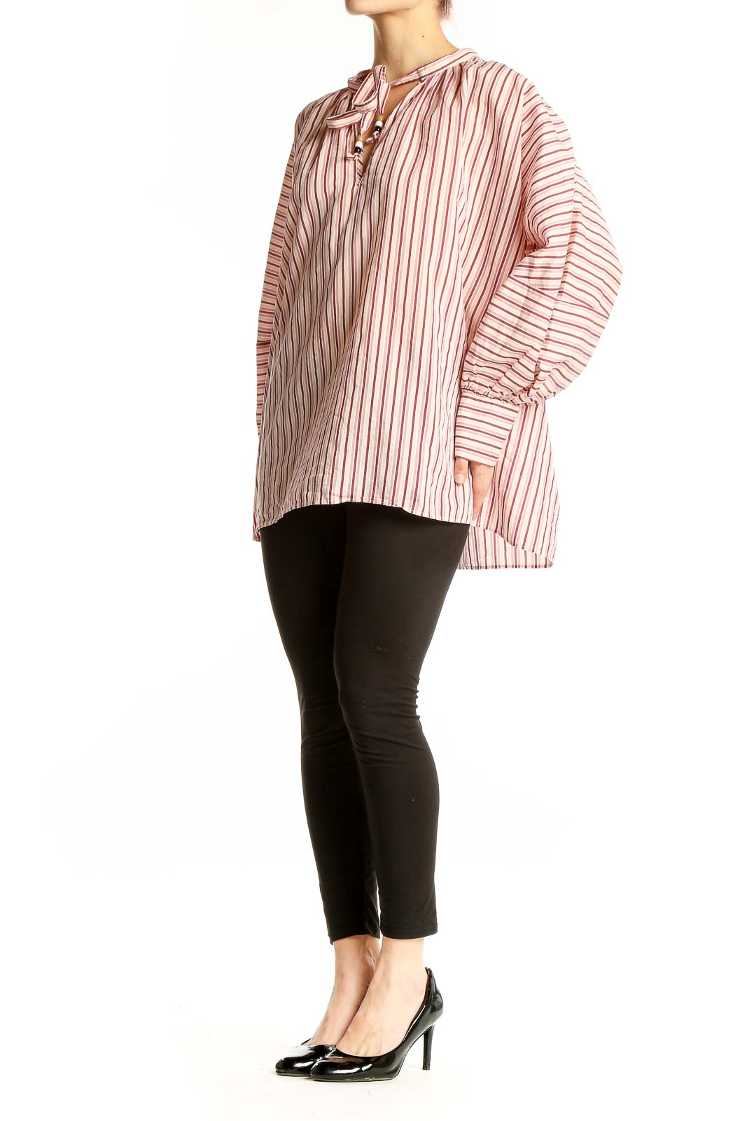 Front view of pink striped oversized blouse with tie-neck detail by BOSS by HUGO BOSS