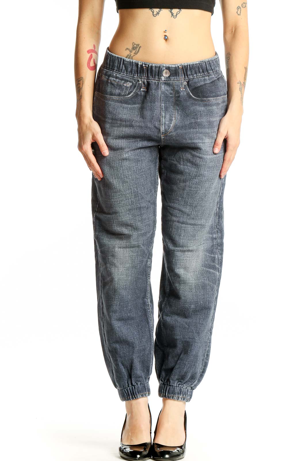 Front view of Rag & Bone blue denim jogger pants with elastic waistband