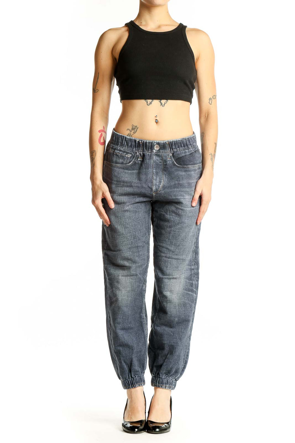 Front view of Rag & Bone blue denim jogger pants with elastic waistband