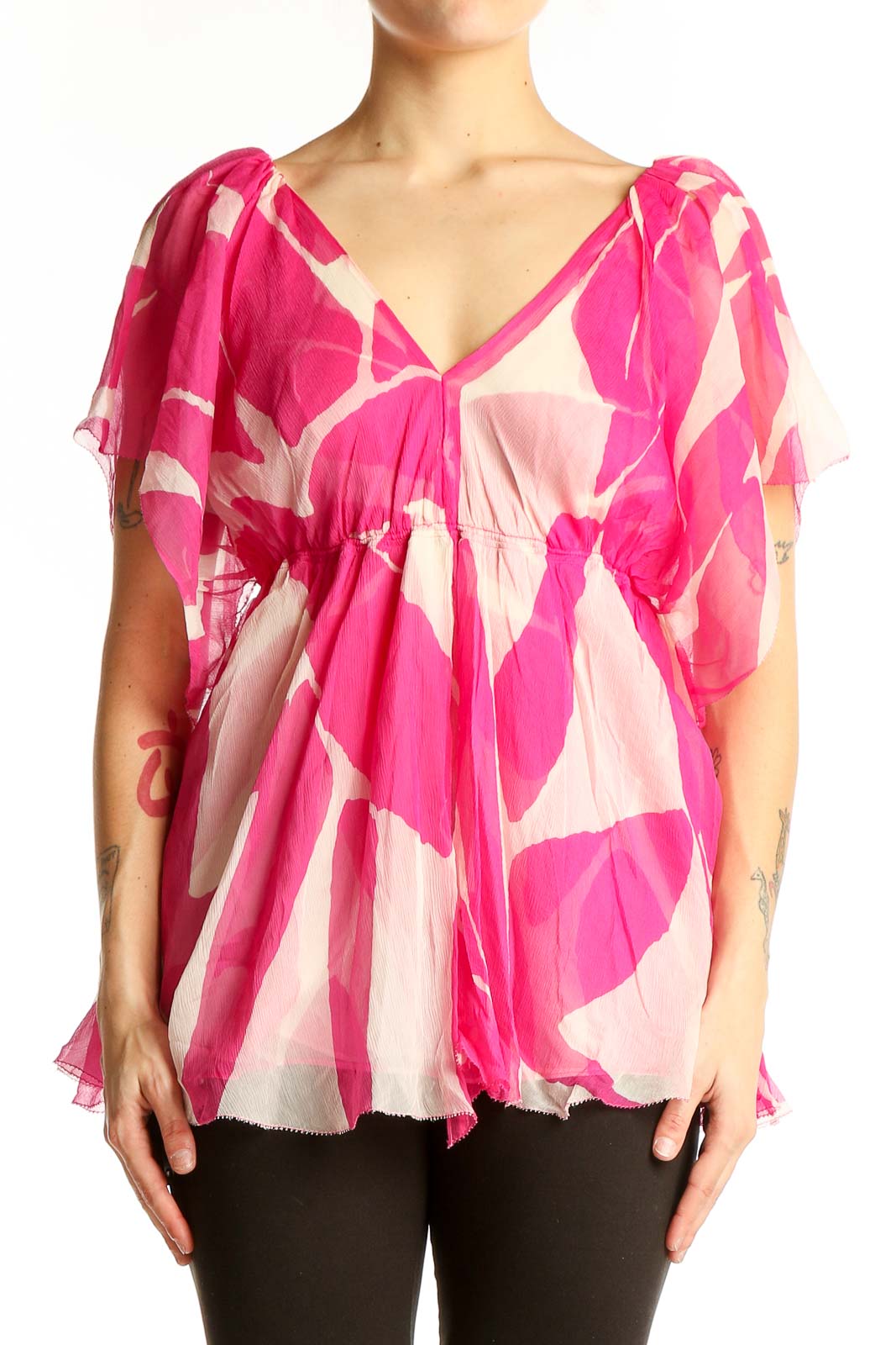 Front view of Diane von Furstenberg pink floral print silk blouse with V-neckline