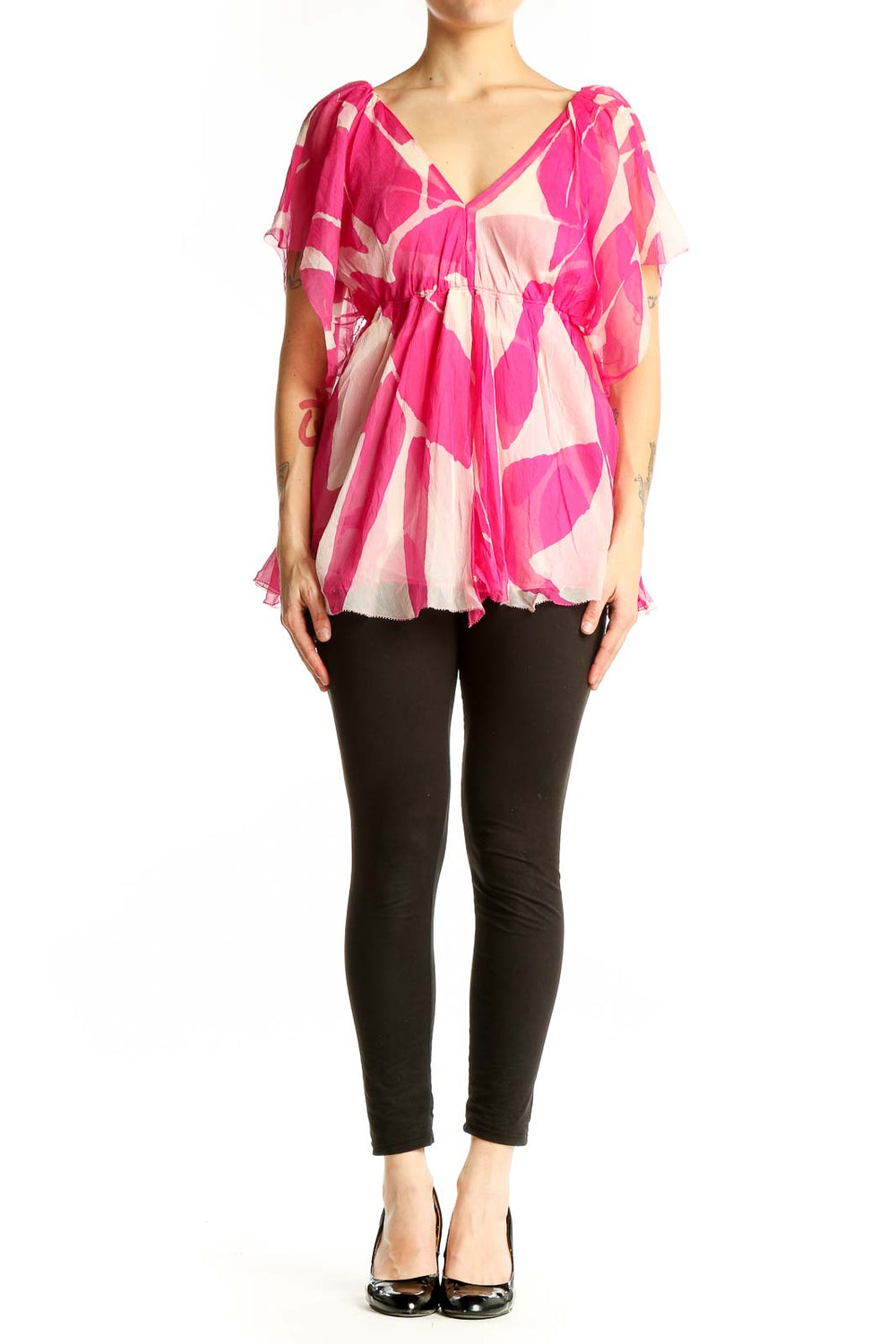 Front view of Diane von Furstenberg pink floral print silk blouse with V-neckline