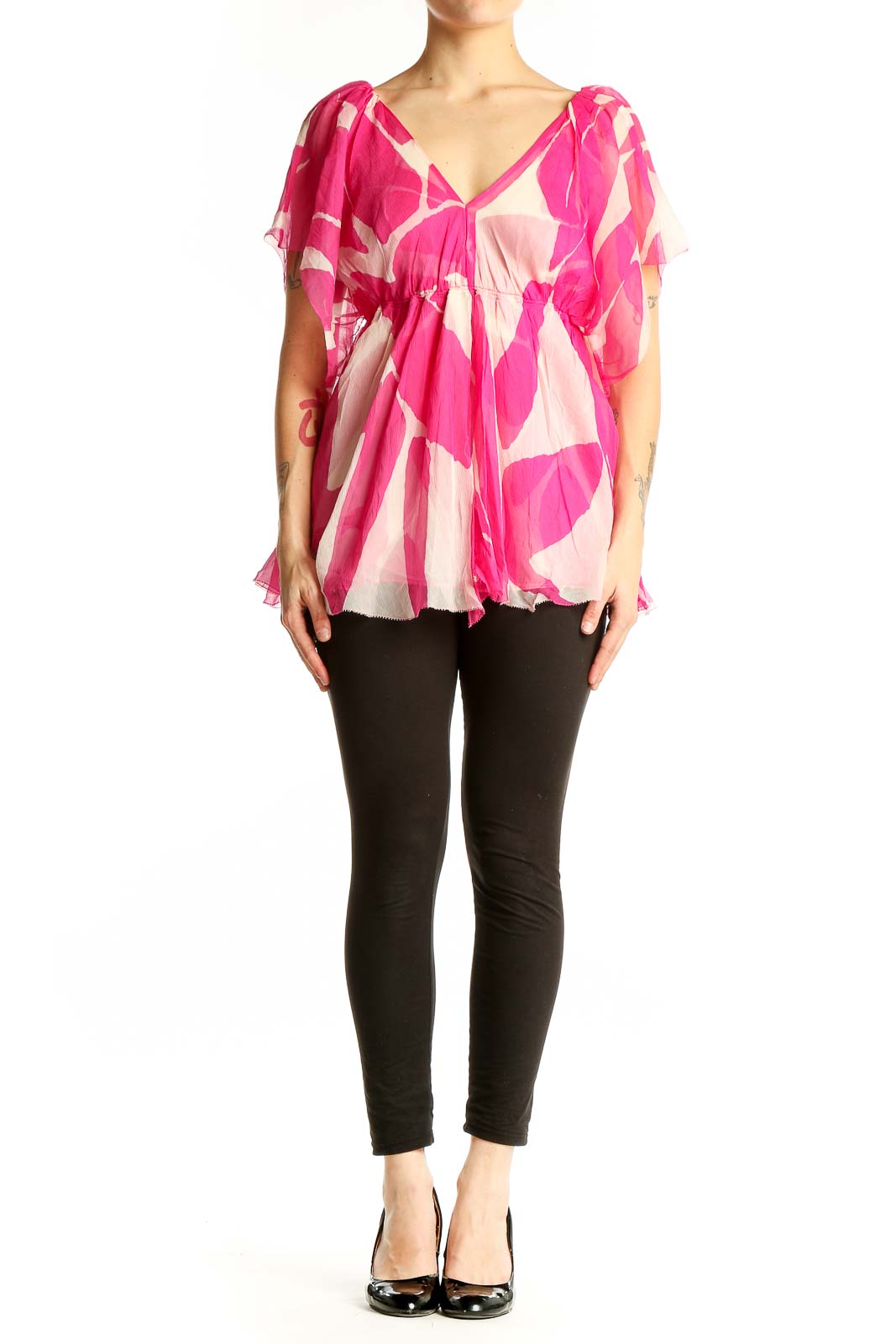 Front view of Diane von Furstenberg pink floral print silk blouse with V-neckline