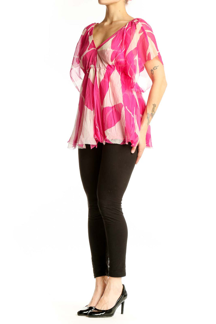 Front view of Diane von Furstenberg pink floral print silk blouse with V-neckline
