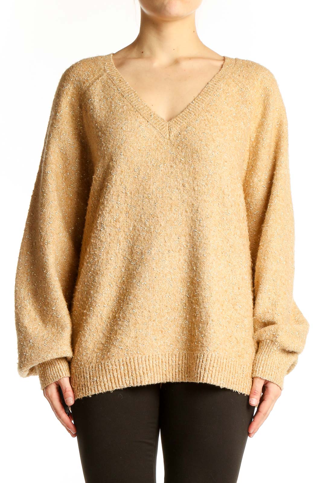 Front view of beige LOFT V-neck oversized knit sweater