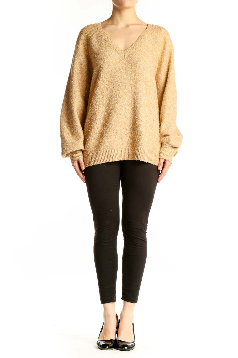 Front view of beige LOFT V-neck oversized knit sweater