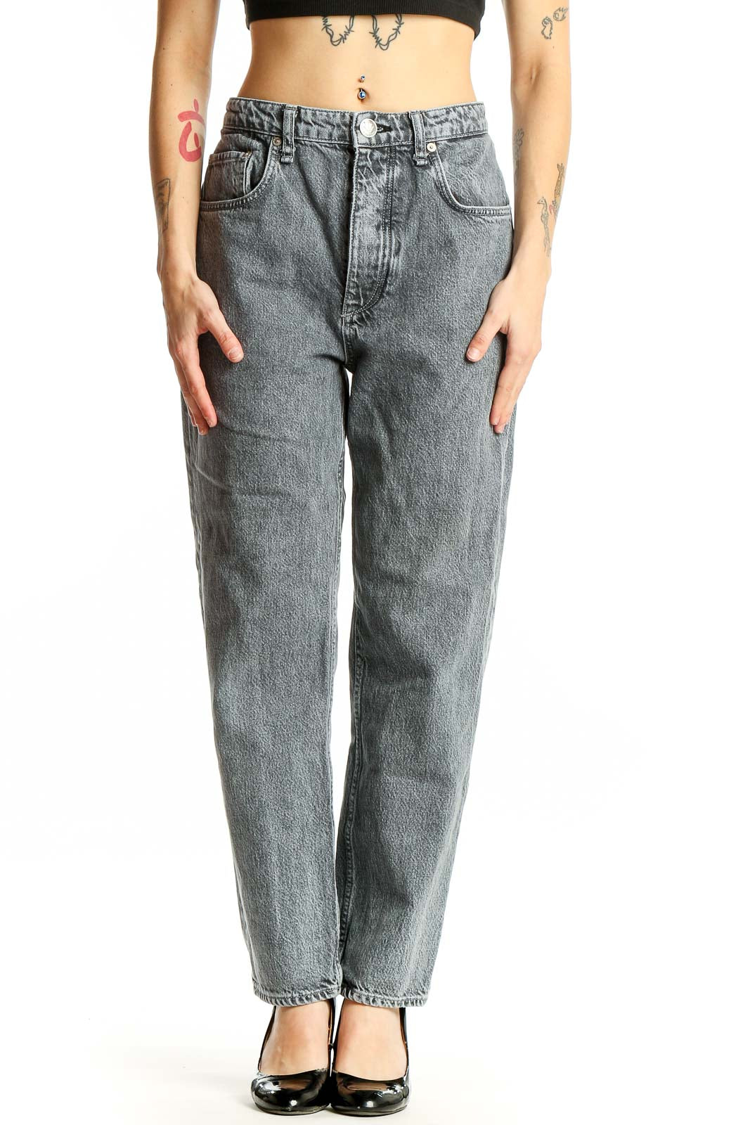 Front view of Rag & Bone gray vintage-wash high-waisted straight leg jeans