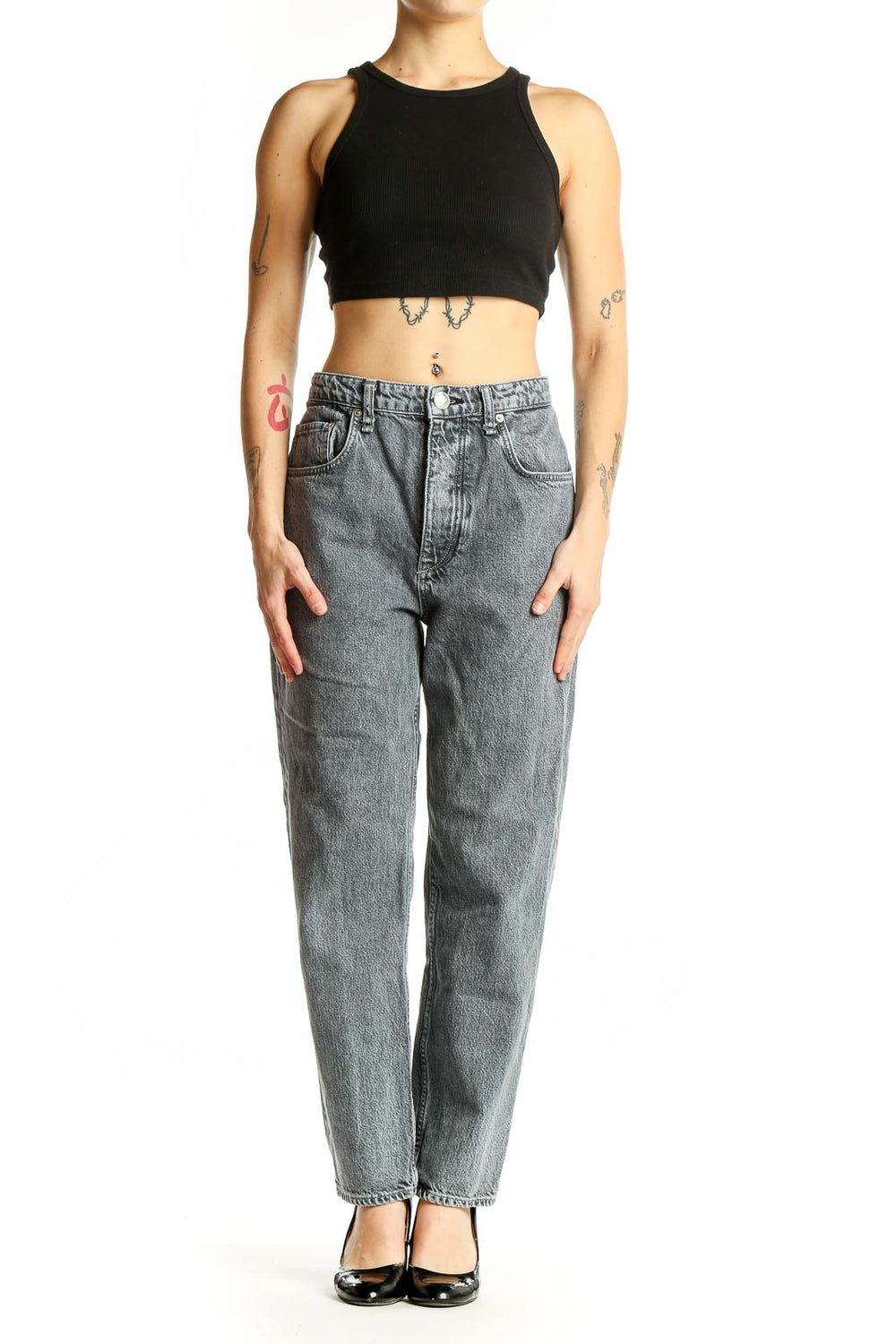 Front view of Rag & Bone gray vintage-wash high-waisted straight leg jeans