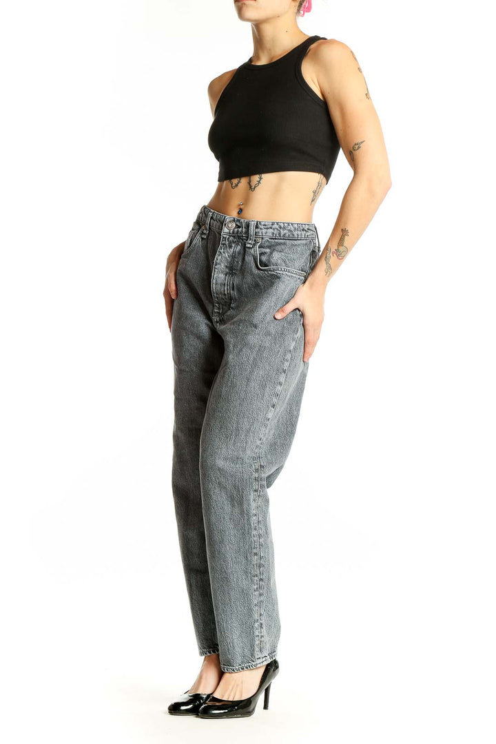 Front view of Rag & Bone gray vintage-wash high-waisted straight leg jeans