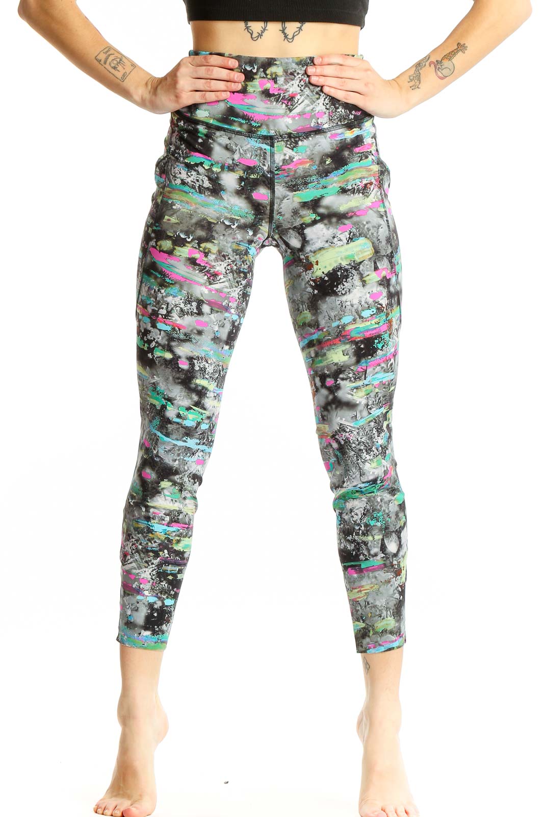 Front view of Lululemon multicolor abstract print activewear leggings