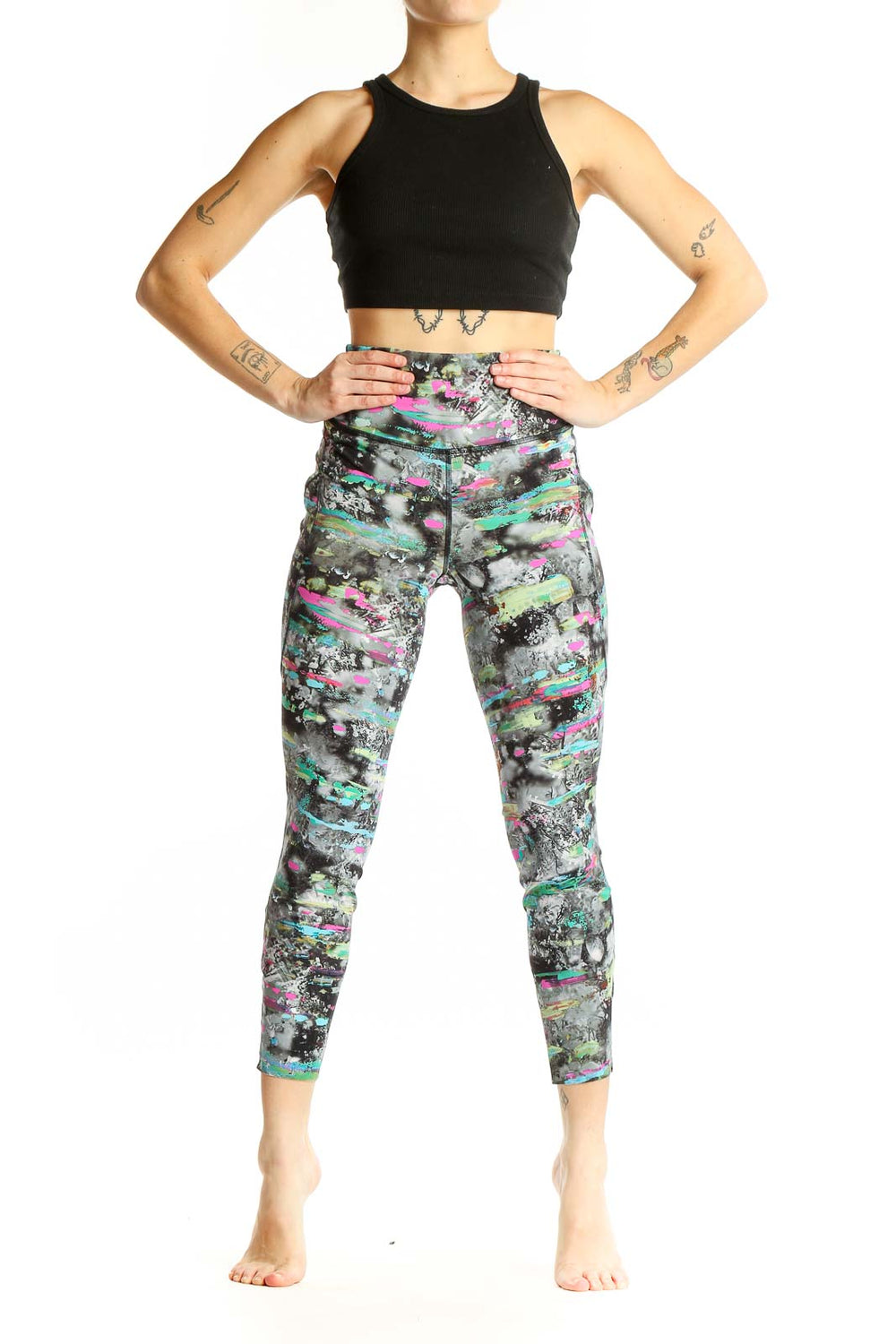 Front view of Lululemon multicolor abstract print activewear leggings