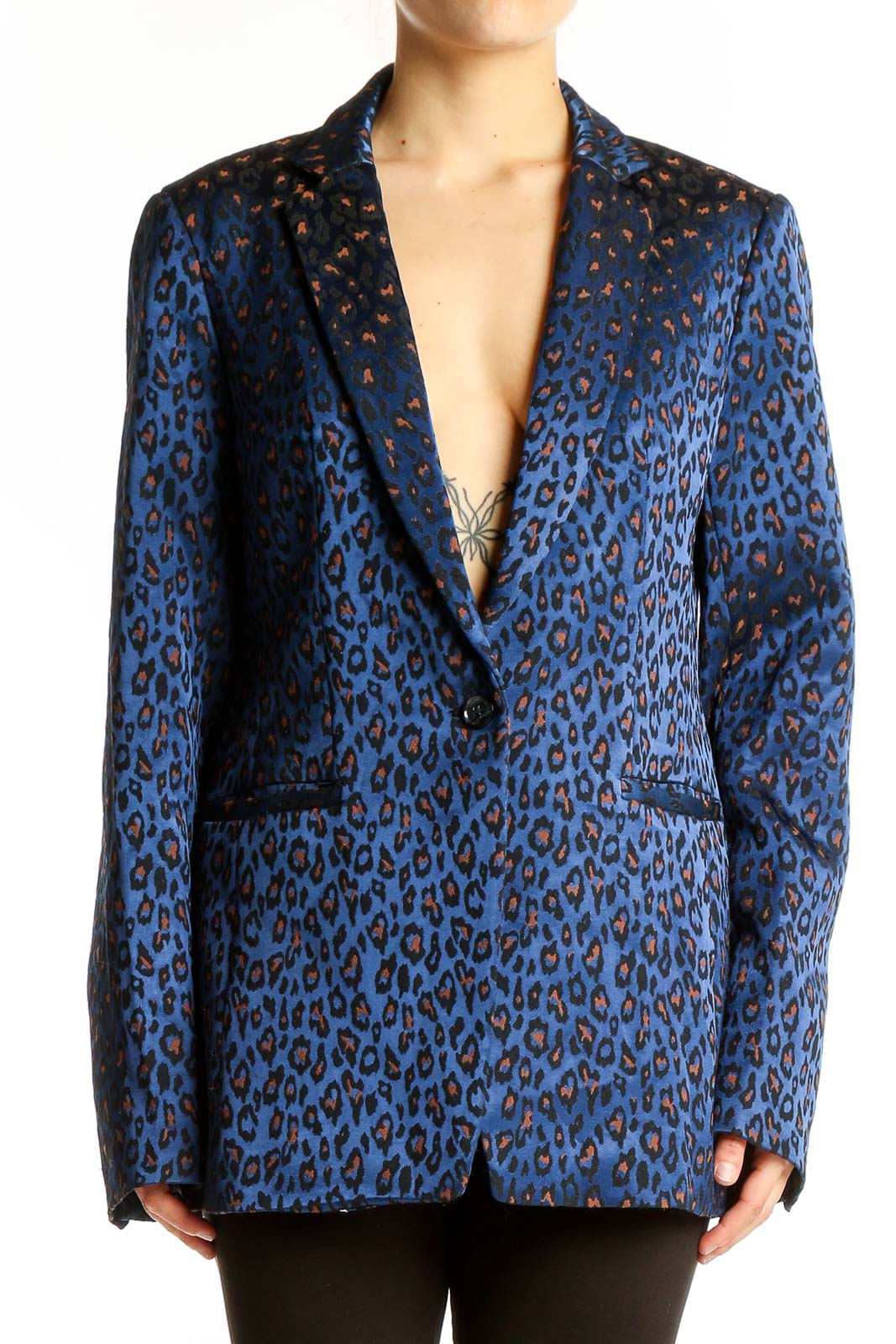 Front view of Banana Republic blue leopard print blazer with single button closure
