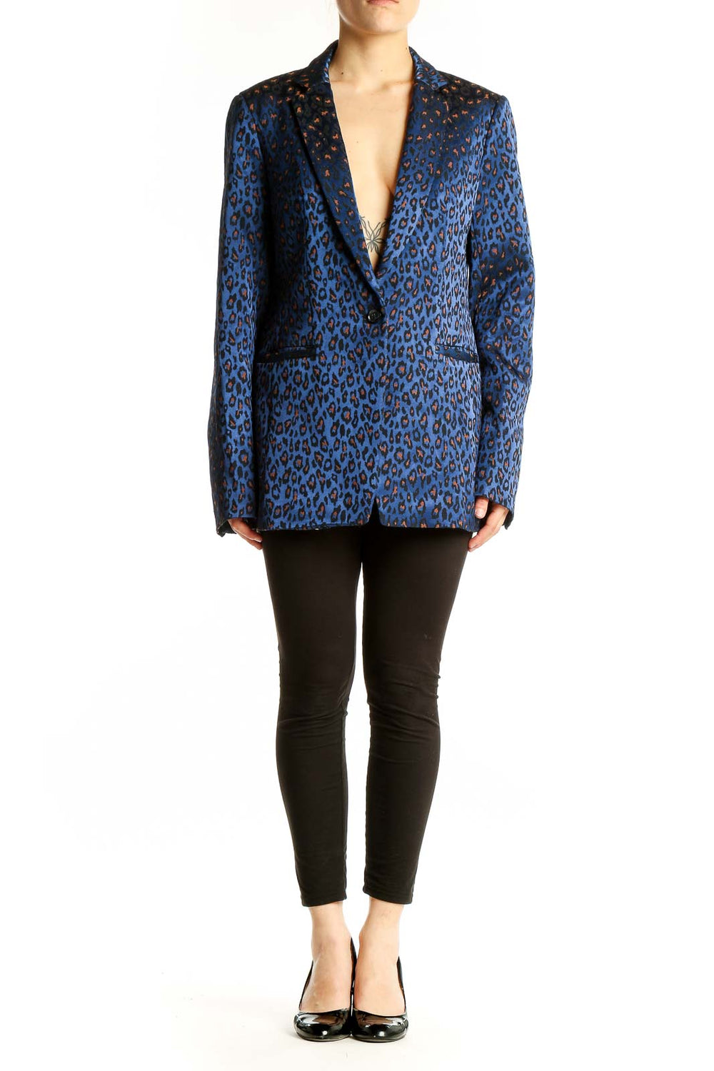 Front view of Banana Republic blue leopard print blazer with single button closure