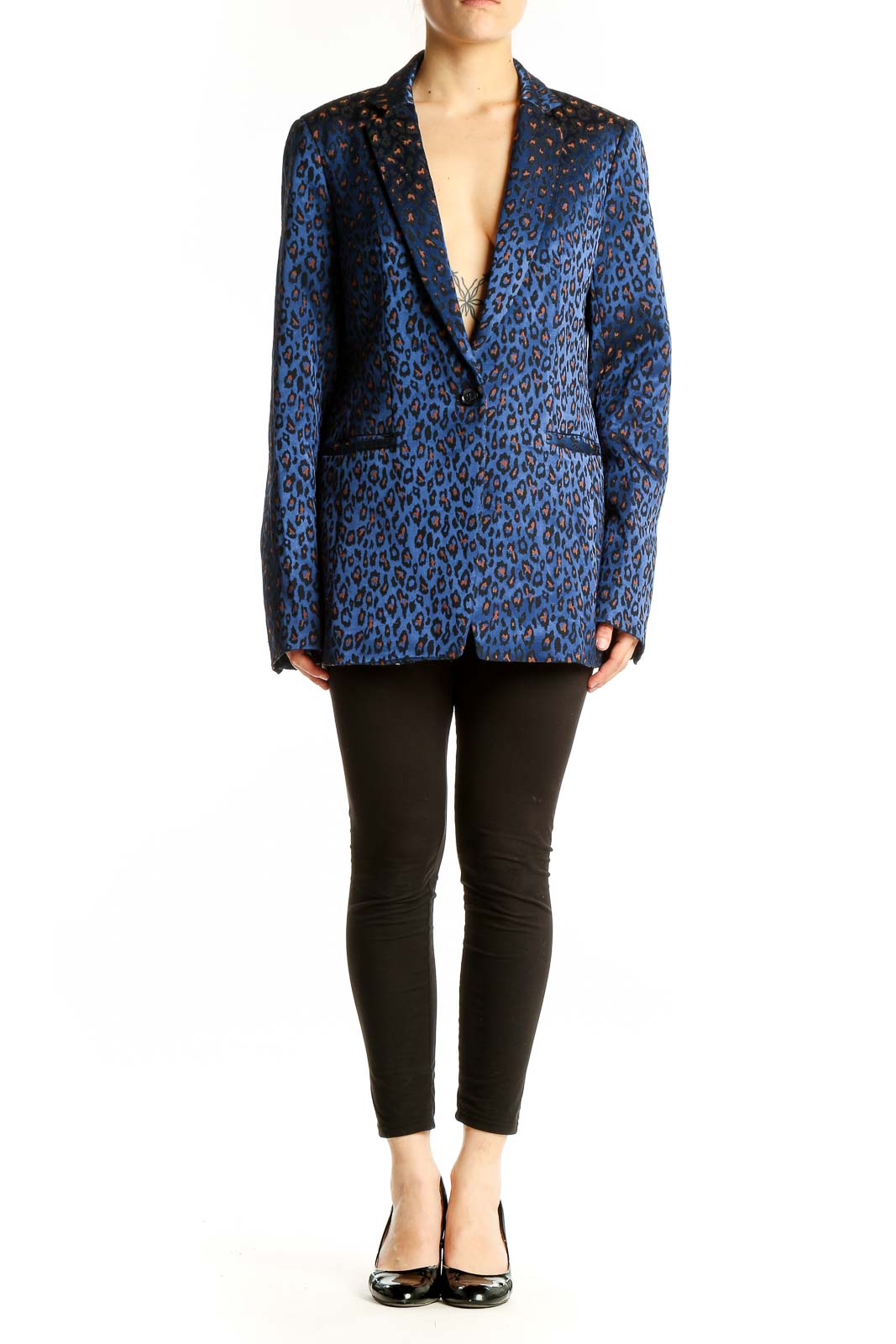 Front view of Banana Republic blue leopard print blazer with single button closure