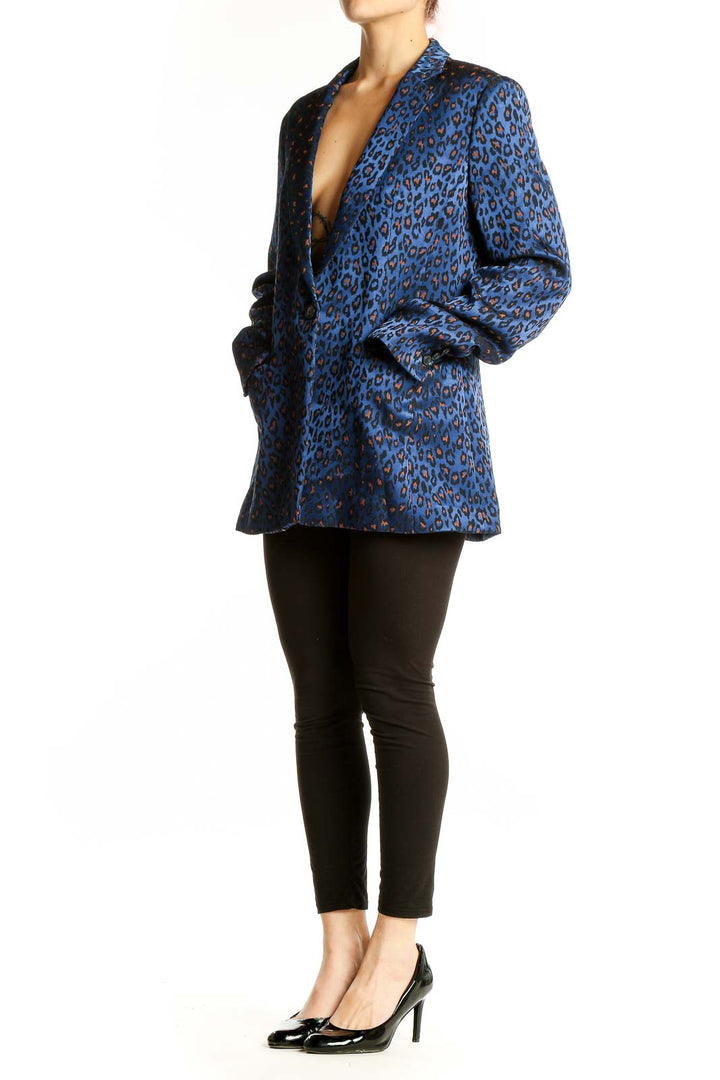 Front view of Banana Republic blue leopard print blazer with single button closure