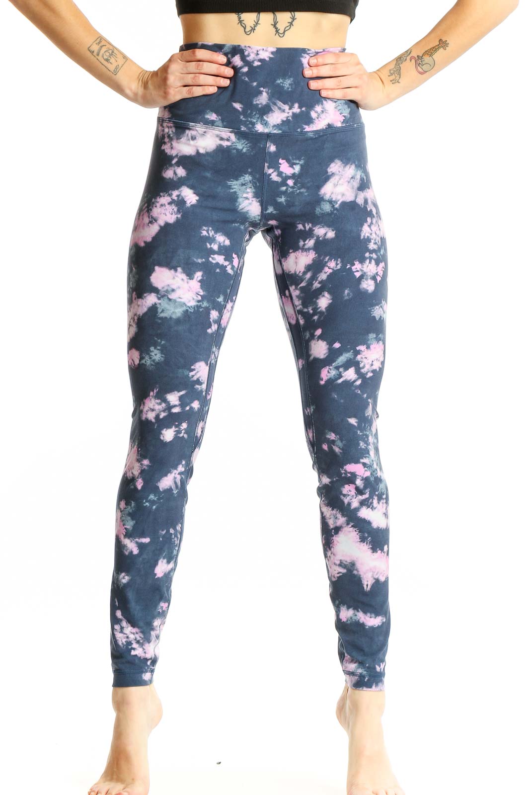 Front view of Lululemon navy and pink tie-dye high-waisted activewear leggings